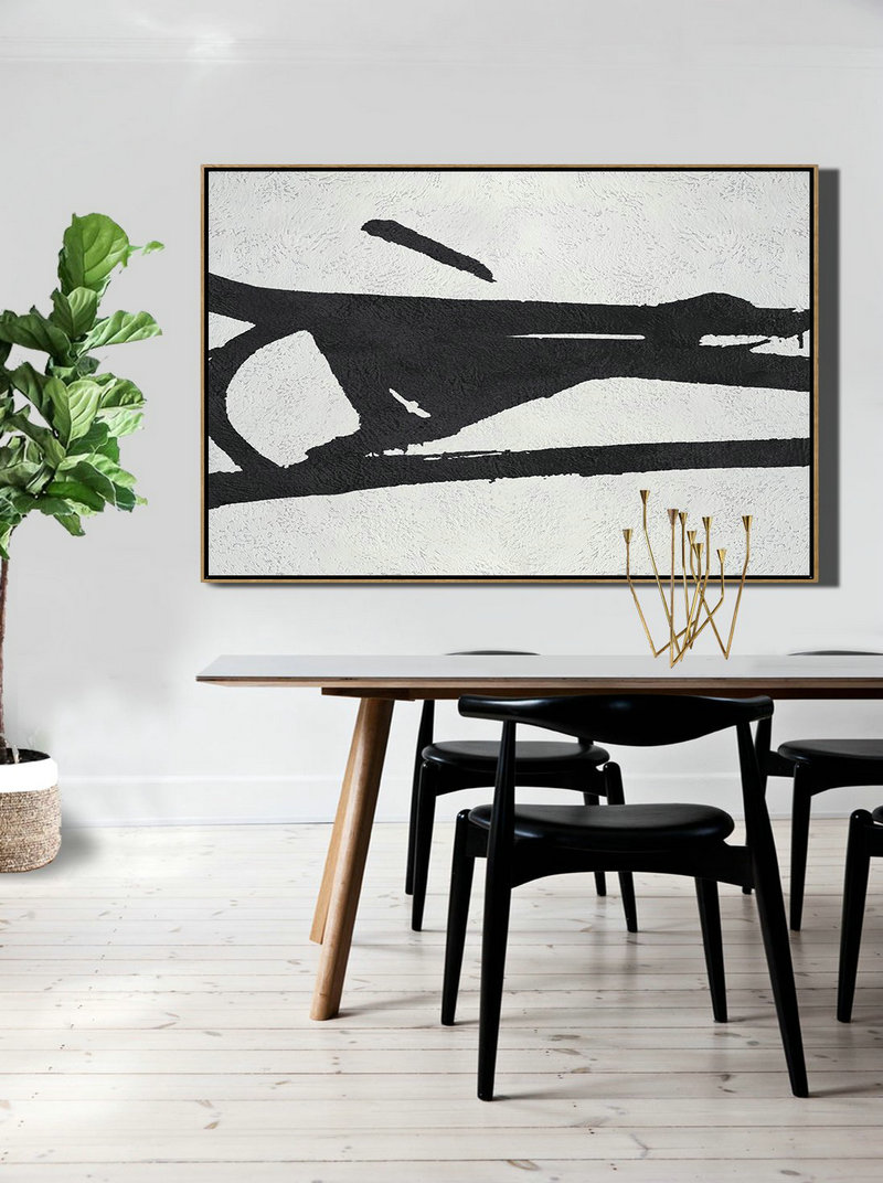 Large Wall Art Home Decor,Hand Painted Oversized Horizontal Minimal Art On Canvas, Black And White Minimalist Painting - Abstract Painting Modern Art